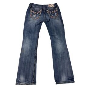 Miss Me Mid Rise Easy Boot Jeans 28 Dark Wash Embellished Distressed Bootcut
